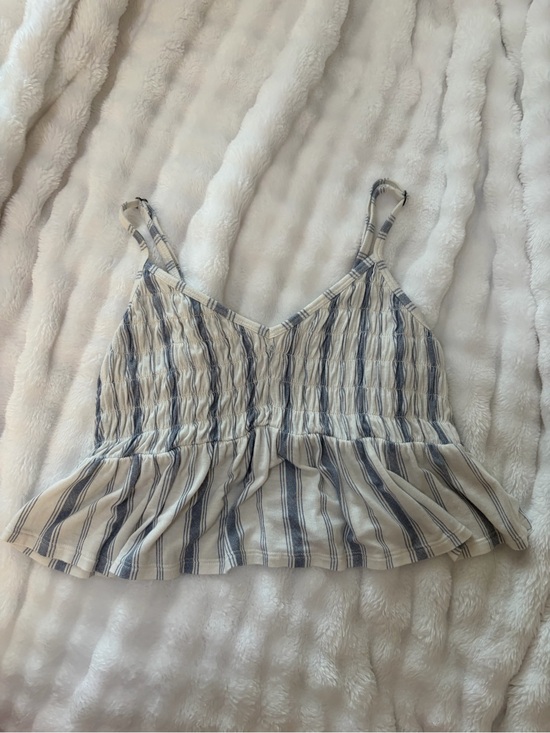 SO Tops - SO Cream and Blue Striped Smocked Peplum Cami